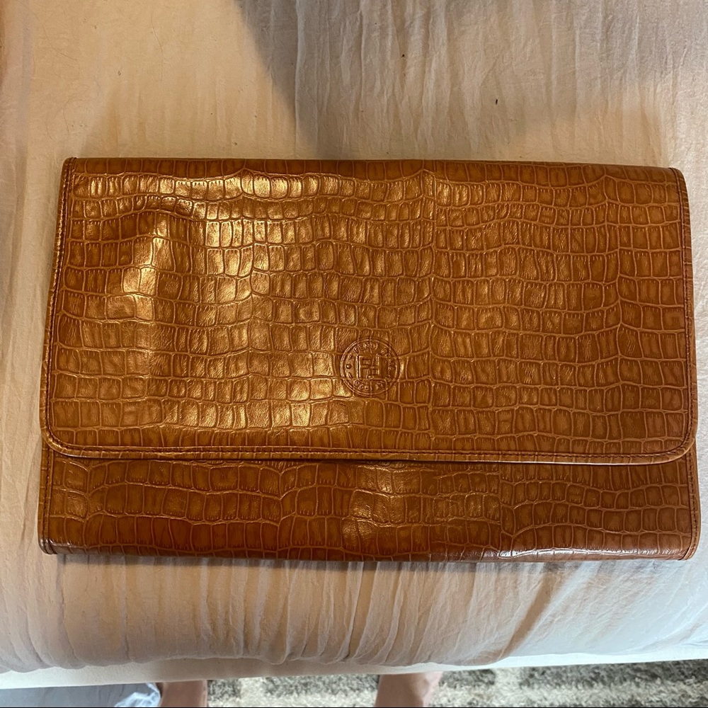Fendi Brown Croc-Embossed Leather Clutch